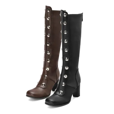 Women Retro Chunky Block Heel Knee High Knight Boots With Stud Embellishment Square Toe Side Zipper Fashion Tall Boots