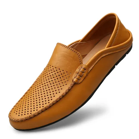 Mocasines de Cuero Genuino para Hombre Business Casual Zapatos de Conducción Perforados Transpirables Planos Cosidos Moda