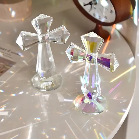 Crystal Cross Ornament Faceted Glass Jesus Cross Figurine With Round Base For Church Wedding Home Decor Christmas Gift