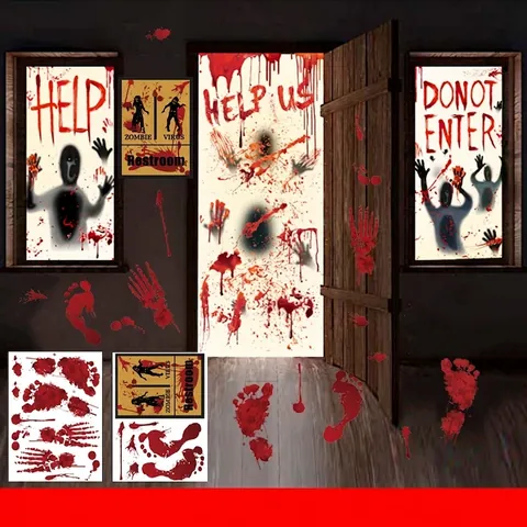 Halloween Bloody Handprints Footprints Wall Stickers PVC Horror Bloodstain Window Decals Spooky Haunted House Party Supplies Decoration