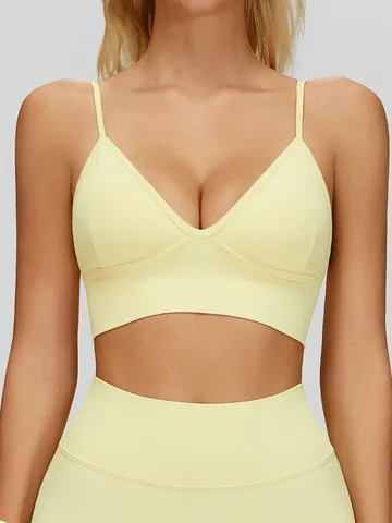Women's V-Neck Yoga Sports Bra Ribbed Seamless Workout Top With Adjustable Spaghetti Straps Breathable Gym Fitness Underwear