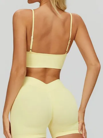 Women's V-Neck Yoga Sports Bra Ribbed Seamless Workout Top With Adjustable Spaghetti Straps Breathable Gym Fitness Underwear