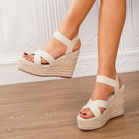Sandalias de Cuña para Mujer Plataforma Alpargatas de Paja Tejida Correas Elásticas Cruzadas Punta Abierta Zapatos Informales de Verano