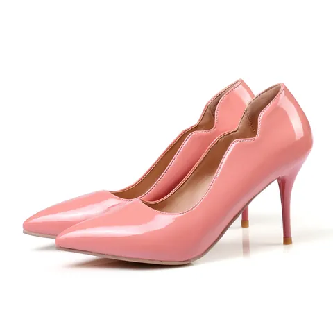 Women Pointed Toe Stiletto Heels Simple Office Shoes Wavy Edge PU Patent Leather Look Stiletto Pumps For Workplace Lady