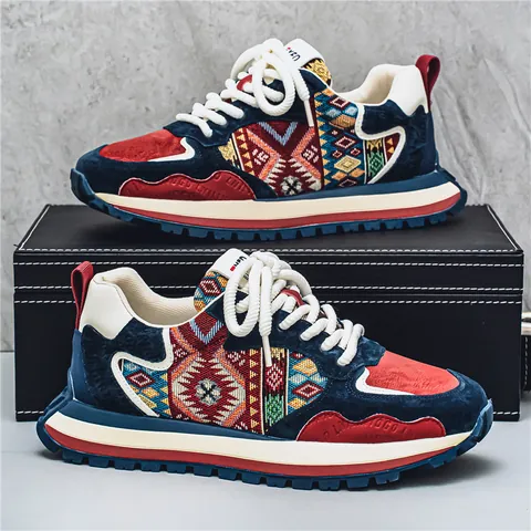 Men's National Style Sneakers Patchwork Canvas Suede Board Shoes Retro Ethnic Pattern Contrast Color Non-Slip Low Top Board Shoes