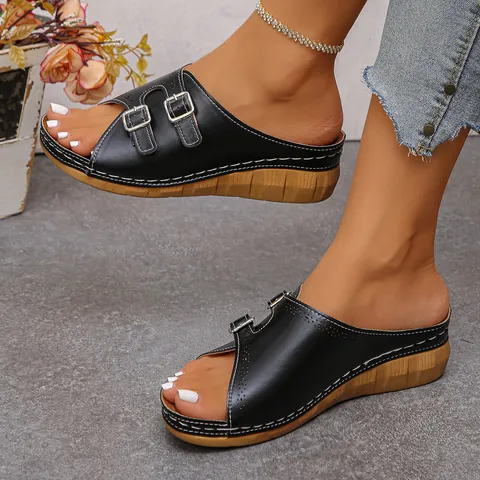 Dames Casual Sleehak Pantoffels PU Leer Open Teen Dubbele Gesp Laser Gesneden Mules Houtnerf Plateau Sandalen Zomer Dagelijkse Schoenen