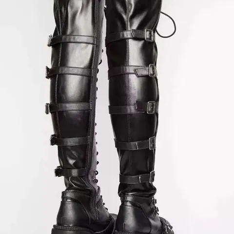 Women's Gothic Punk Faux Leather Over-the-Knee Boots Platform Wedge High Heel Lace-up Buckle Round Toe Riding Knight Boots