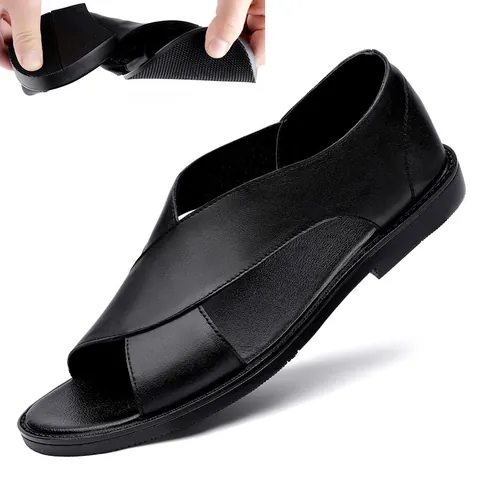 Men's Cowhide Leather Sandals Summer Casual Roman Beach Shoes Cross Strap Open Toe Non-slip Soft Sole Outdoor Walking Shoes For Men