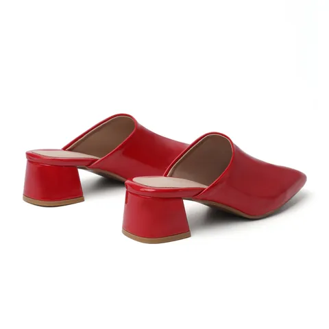 Women Red Patent PU Leather Square Toe Block Heel Mules Pointed Toe Chunky Heel Slippers Daily Casual Formal Shoes