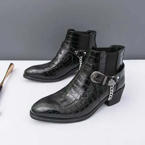 British Style Men Chelsea Boots Crocodile Pattern Microfiber Leather Martin Boots Metal Chain Buckle Height Increase