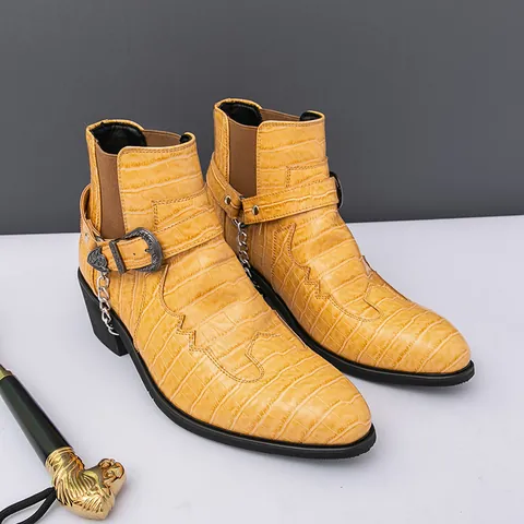British Style Men Chelsea Boots Crocodile Pattern Microfiber Leather Martin Boots Metal Chain Buckle Height Increase