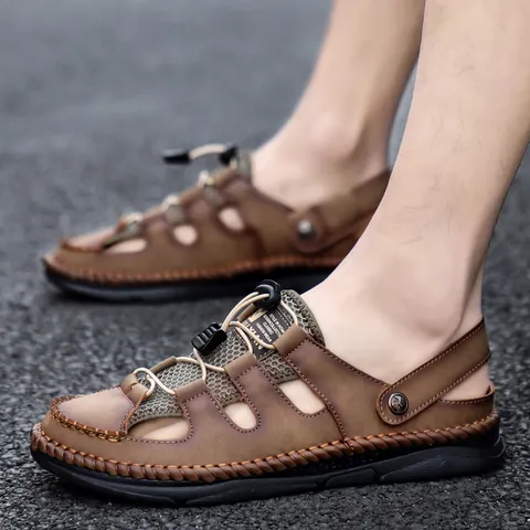 Men Casual Split Leather Closed Toe Summer Sandals Manual Stitching Breathable Hollow Out Outdoor Leisure Beach Fisherman Shoes