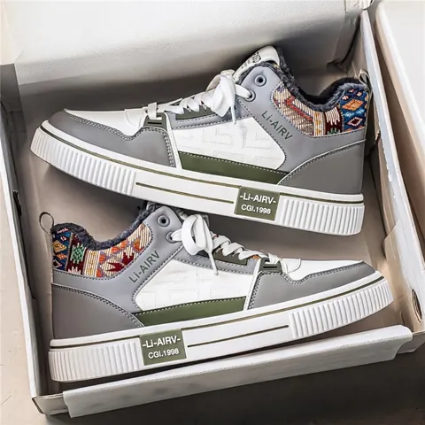 Sneakers Alte da Uomo Inverno Foderate in Pile Calde Scarpe da Skate in Pelle Blocchi di Colore Motivo Etnico Stringate Casual