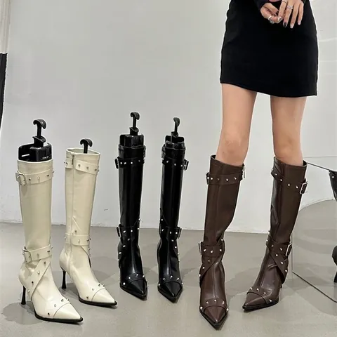 Women French Retro Pointed Toe Stiletto Heel Knee High Boots Metal Studs Buckle Side Zipper Fashion Cowboy Boots Shoes