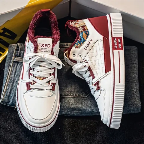 Sneakers Alte da Uomo Inverno Foderate in Pile Calde Scarpe da Skate in Pelle Blocchi di Colore Motivo Etnico Stringate Casual