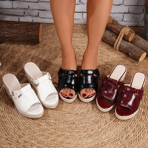 Sandalias de Cuña con Plataforma para Mujer Patrón de Cocodrilo Punta Abierta Alpargatas de Paja Trenzada Tacones Altos Verano