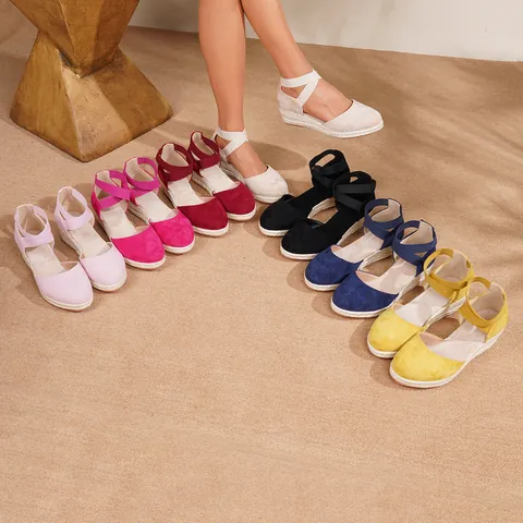 Sandalias de Cuña Bohemias para Mujer Gamuza Sintética Punta Cerrada Espadrilles Plataforma Paja Trenzada Correa Cruzada Tobillo Verano Playa
