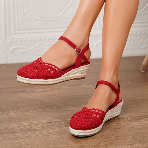 Sandalias de Cuña Esparteñas para Mujer Encaje Croché Punta Redonda Calado Correa al Tobillo Vacaciones de Verano Zapatos