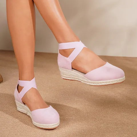 Sandalias de Cuña Bohemias para Mujer Gamuza Sintética Punta Cerrada Espadrilles Plataforma Paja Trenzada Correa Cruzada Tobillo Verano Playa