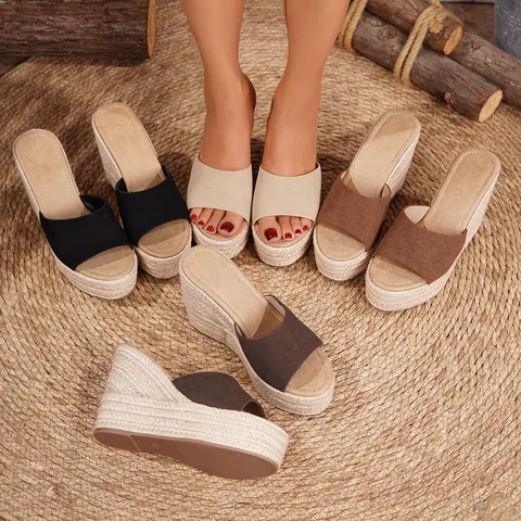 Sandalias de Cuña Alpargatas para Mujer Gamuza Sintética Punta Abierta Plataforma Yute Trenzado Verano Boho Casual