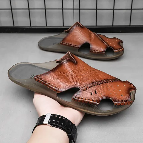 Heren Microvezel Handgenaaid Gesloten Teen Sandalen Ademend Opengewerkt Casual Outdoor Instapper Slippers Zomerschoenen Mode