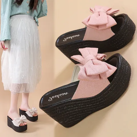Women's Summer Wedge Sandals Platform Bowknot Slippers Peep Toe Beach Shoes Thick Sole Woven Texture Fairy Style Slides