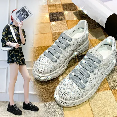 Women's Rhinestone Platform Sneakers Thick Sole Sparkly Bling Dad Shoes Fashion Casual Walking Shoes For Women