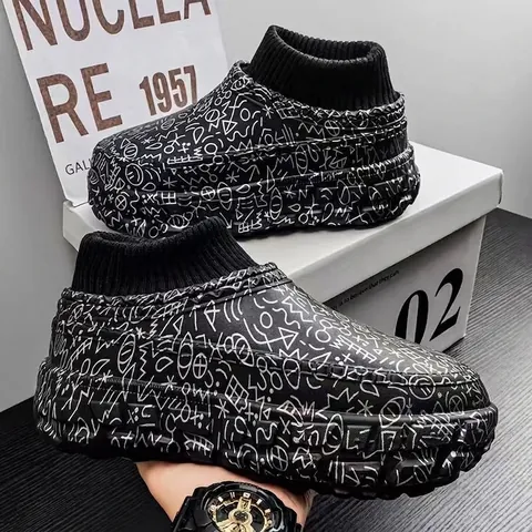 Pantofole Invernali in Cotone Foderate in Pile per Uomo Donna Suola Spessa Outdoor Graffiti Polsino Calzino Scarpe Calde
