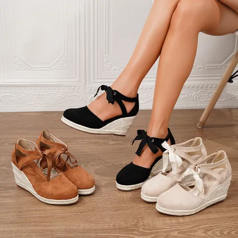 Sandalias de Cuña Espadrille de Gamuza Sintética Bohemias para Mujer Verano Vacaciones Punta Redonda Lazo Zapatos de Plataforma