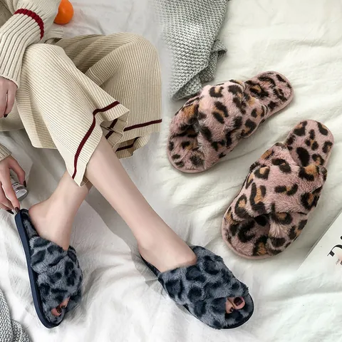 Women Leopard Print Cross Strap Plush Indoor Slippers Faux Fur Open Toe Warm Anti-Slip House Shoes Winter Bedroom Soft Slippers