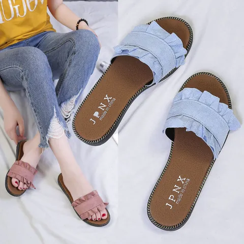 Women Casual Ruffle Edge Flat Slippers Summer Fashion Solid Color Suede Slide Sandals For Beach Daily Outdoor Wear Fashionable Slipper