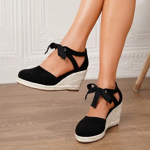 Sandalias de Cuña Espadrille de Gamuza Sintética Bohemias para Mujer Verano Vacaciones Punta Redonda Lazo Zapatos de Plataforma