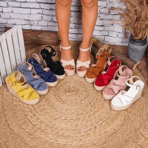 Sandalias de Cuña de Gamuza para Mujer Bohemio Paja Tejida Plataforma Espadrillas Sandalias con Hebilla Tacón Alto Playa