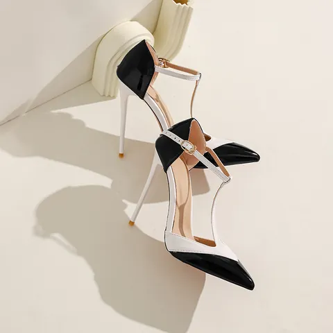 Women's Pointed Toe Stiletto High Heels T-Strap Color Block Patchwork Patent Leather Pumps Party Banquet Dress Shoes