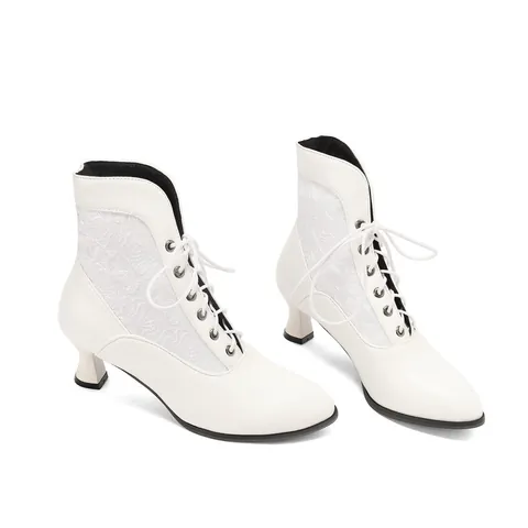 Victorian Style Lace Ankle Boots For Women Retro Pointed Toe Lace Up Kitten Heel PU Leather Wedding Party Fashion Shoes