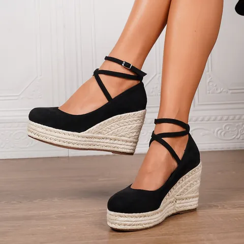 Sandalias de Cuña Espadrilles para Mujer Correa al Tobillo Plataforma Tacones Altos Gamuza Vacaciones de Verano Zapatos de Playa