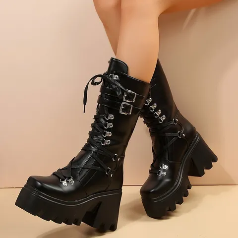 Women Mid Calf Martin Boots Thick Heel Rivet Lace Up Gothic Punk Style PU Leather Platform Motor Boots Plus Size Shoes