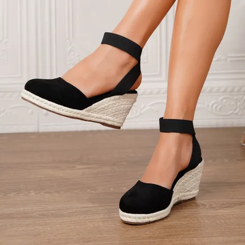 Sandalias de Cuña para Mujer Casual Lona Punta Redonda Verano Playa Vacaciones Plataforma con Correa Elástica al Tobillo