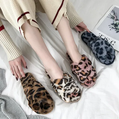 Women Leopard Print Cross Strap Plush Indoor Slippers Faux Fur Open Toe Warm Anti-Slip House Shoes Winter Bedroom Soft Slippers