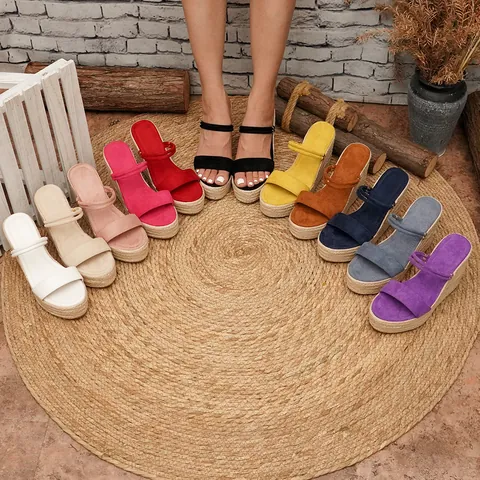 Sandalias de Cuña Tejidas de Paja para Mujer Verano Bohemio Plataforma Tacones Altos Cuerda de Cáñamo Zapatos de Playa Sandalias Casuales
