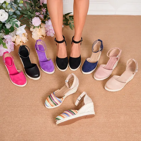 Women Wedge Sandals Espadrilles Closed Round Toe Straw Woven Platform Heel Ankle Strap Shoes Summer Vacation Casual Shoes