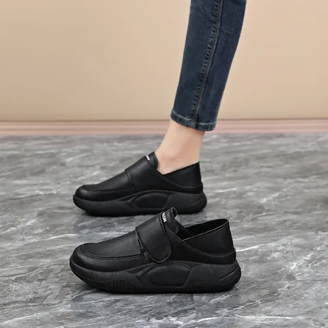 Women Casual Shoes PU Leather Thick Sole Non-slip Work Shoes For Kitchen Office Black Beige Fashion Hook Loop Sneakers