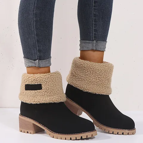 Women Winter Snow Boots Faux Suede Faux Lamb Wool Folded Cuff Mid-Calf Boots High Block Heel Thick Sole Warm Cotton Shoes