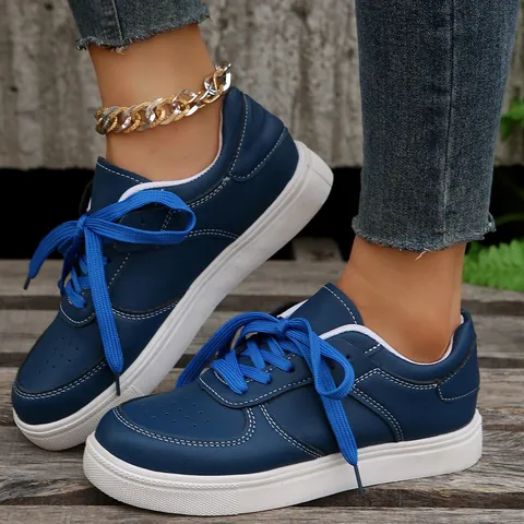 Zapatillas de Cuero PU para Mujer Plataforma Zapatos Casuales Planos con Cordones Punta Redonda Color Sólido Zapatillas Deportivas
