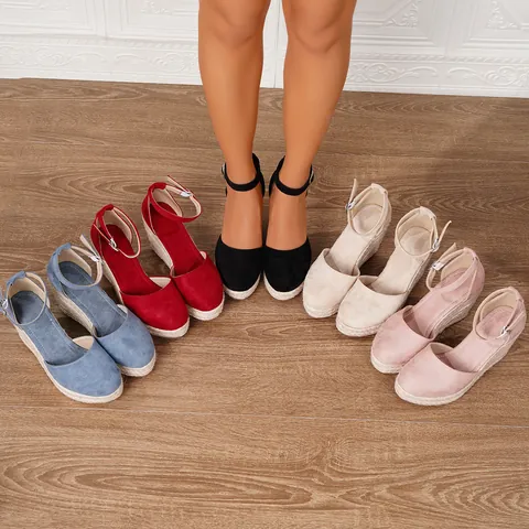 Sandalias de Cuña con Punta Cerrada para Mujer Gamuza Artificial Plataforma Espadrilles Sandalias con Correa al Tobillo para Vacaciones Zapatos de Tacón Alto a la Moda