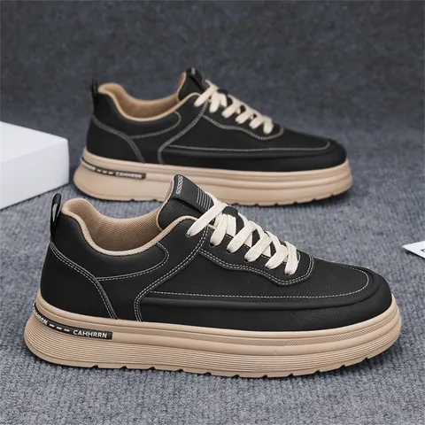 Japanese Harajuku Style Men Casual Skateboard Shoes Canvas Leather Mix Sneakers Thick Sole Work Shoes For Daily School Wear
