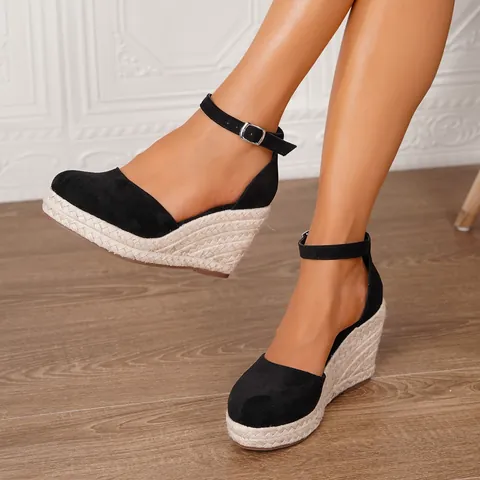 Sandalias de Cuña con Punta Cerrada para Mujer Gamuza Artificial Plataforma Espadrilles Sandalias con Correa al Tobillo para Vacaciones Zapatos de Tacón Alto a la Moda