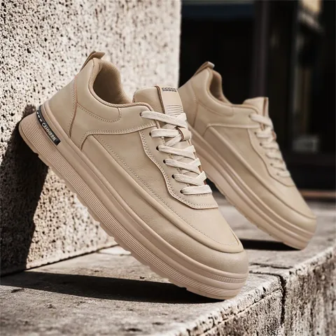 Japanese Harajuku Style Men Casual Skateboard Shoes Canvas Leather Mix Sneakers Thick Sole Work Shoes For Daily School Wear
