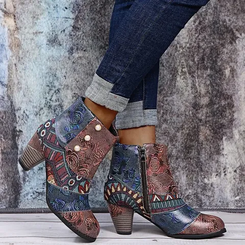 Women Bohemian Ethnic Martin Boots PU Leather Patchwork Floral Print Chunky High Heel Short Ankle Boots Side Zipper Shoes