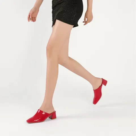 Women Red Patent PU Leather Square Toe Block Heel Mules Pointed Toe Chunky Heel Slippers Daily Casual Formal Shoes